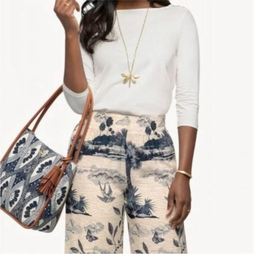 Spartina 449 Maude Palazzo Wide-Leg Pants Tropical Landscape Print Cream Navy, L - Picture 5 of 15